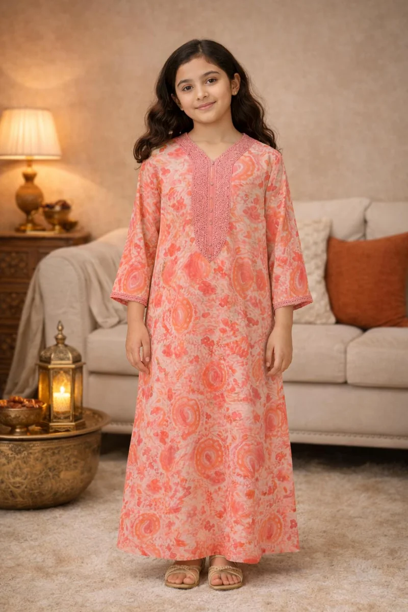 Artemea Girls Pink Digital printed Jalabiya with Embroidered V-Neck – Modest Ankle Length Dress